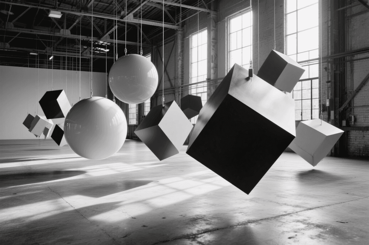Geometric shapes suspended in an industrial hall